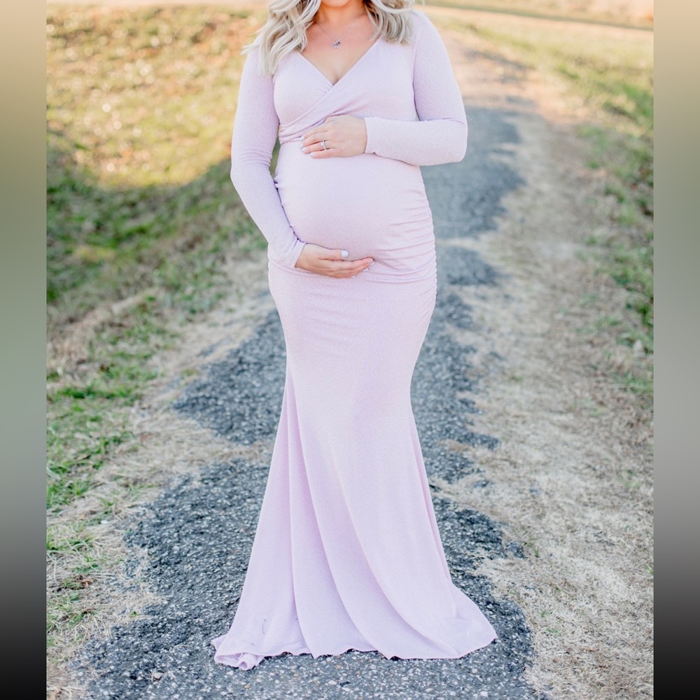 PinkBlush Pink metallic off shoulder long sleeve wrap maternity photo shoot gown
